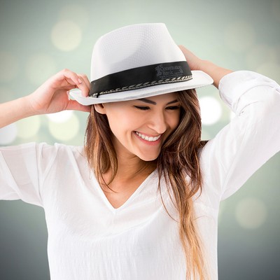 White Funky Fedora w/Silk Screened Black Band