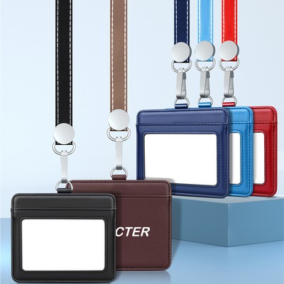 Horizontal Leather Employee's ID Badge Holder Card Holder With Lanyard