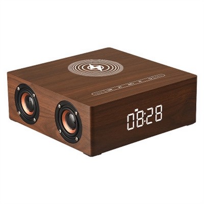 Wooden Clock Dual Speaker with Wireless Charging