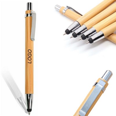 2-In-1 Click Action Bamboo Ballpoint Pen W/Stylus