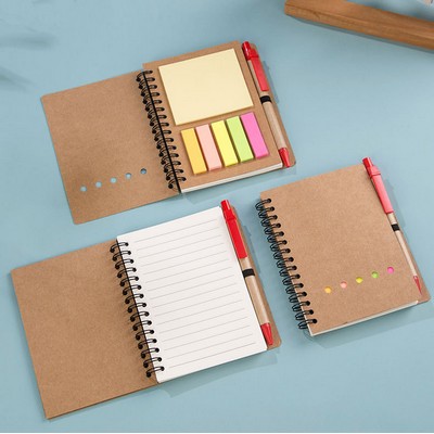 Kraft Paper Cover Spiral Notebook with Sticky Notes and Pen