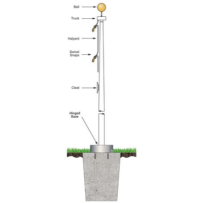 35' White Fiberglass Flagpole External Halyard - Hinged Base