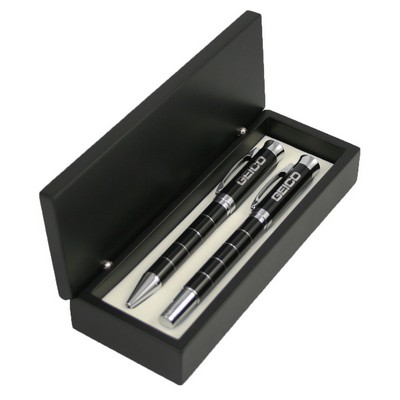 Silver Finish Circular Ring Design Ballpoint and Roller Ball Pen Set