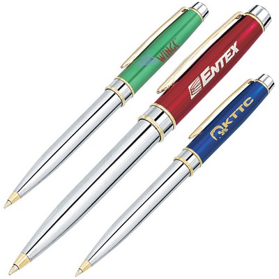 Elegant Designed Twist Action Ballpoint Pen w/ Chrome Barrel & Gold Accents