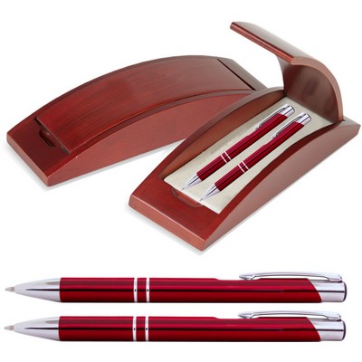 JJ Series Pen and Pencil Gift Set in Rosewood Color Wood Gift Box with Hinge Cover, Red pen