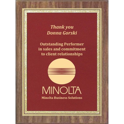 Economy Walnut Finish Plaque Series with Burgundy/Brass Florentine Plate, 9"x12"