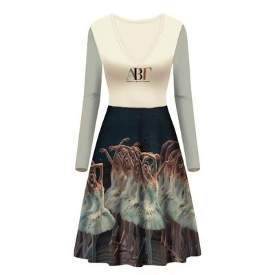 Women V-Neck Long Sleeve Ruffle Dress w/Full Color Printing