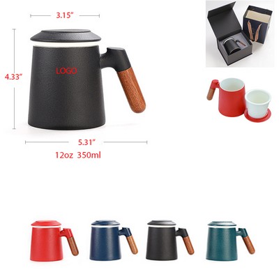 Wooden Handle Ceramic Tea Cup Gift Package Coffee Mugs Espresso Latte Cup For Cafe Hot Drinks