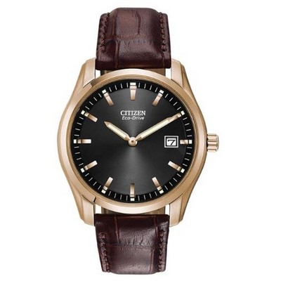 Citizen® Men's Corso Eco-Drive® Watch, Black Dial w/Rose Gold & Brown Strap