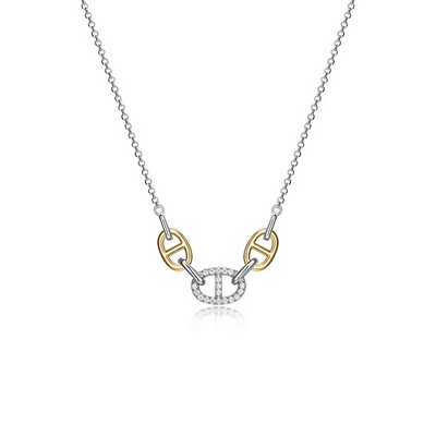 Charles Garnier Sterling Silver "Mariner Link" with Diamondlite Necklace - Silver and Gold