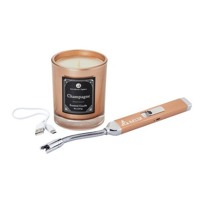 Zippo® Rose Gold Rechargeable Candle Lighter & 8 oz Champagne Candle Gift Set