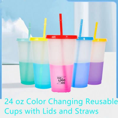 24 oz Color Changing Reusable Cups Lids Straws