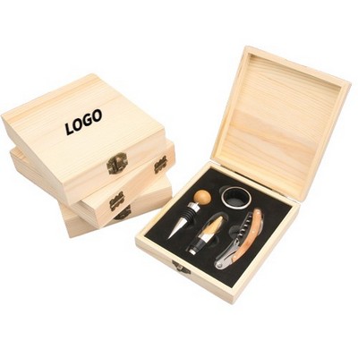 Bamboo Wooden Square Box Wine Corkscrew Set