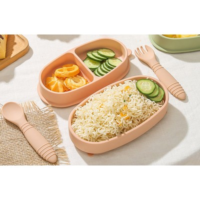 Silicone Portable Insulated Bento Box Lid Partition W/ Fork And Spoon