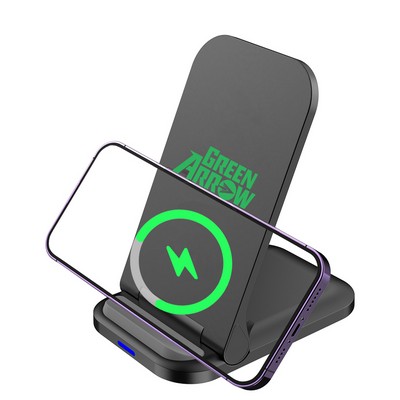 15W Foldable Wireless Charger Stand with Dual Coils & Adjustable Angle