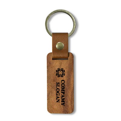 Rectangle Wood Tag with Leather Strap Keyring