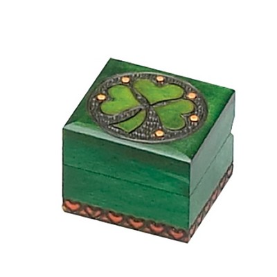 Square Wood Box w/Shamrock Accent On Lid (2"x2"x1 1/2")