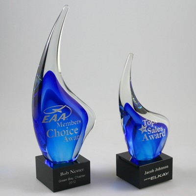 11½" Blue Teardrop Art Glass Award w/Black Glass Base