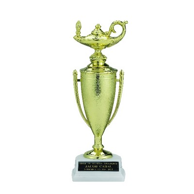 9½" Lamp of Learning Gold Cup Trophy w/White Marble Base