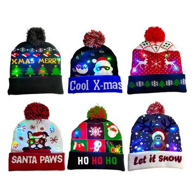 Glowing Knitted Christmas Hats With Pom Pom