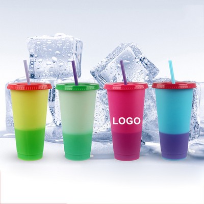 24 Oz. Reusable Plastic Color Changing Cup w/Lid & Straw