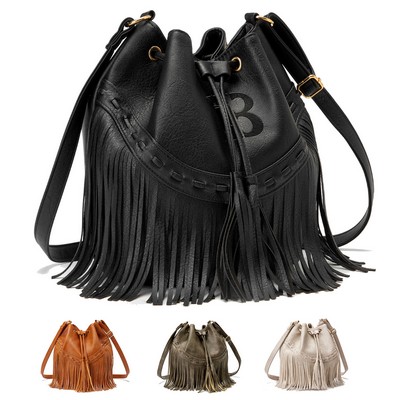 PU Leather Tassel Bucket Crossbody Bag