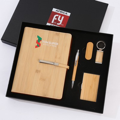 5Pcs Bamboo Notebook, USB Flash Drive, Pen, Keyring and Card Holder Case