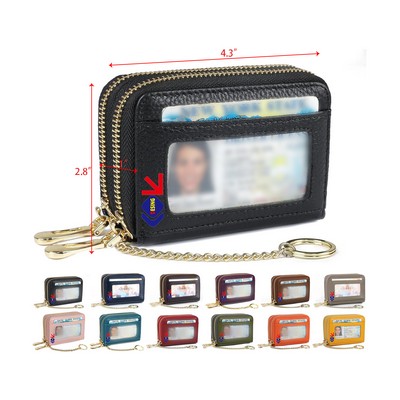 Rfid Credit Card Wallet Genuine Leather Zipper Card Case Holder with Removable Keychain