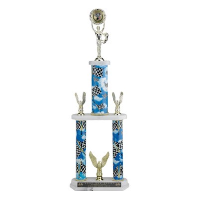 27 ½" Three Column Racing Trophy w/Figure & 2" Insert