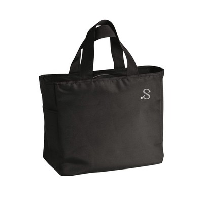 Luxury microfiber tote features self fabric handles and zebra satin lining.