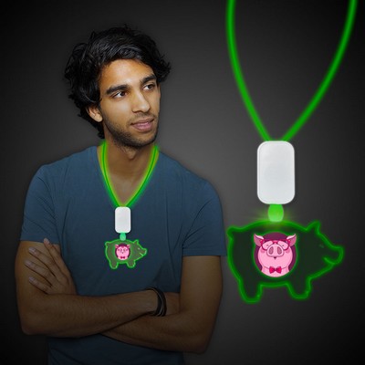 Green Clear Plastic Laser Engraved Necklace w/Pig Medallion