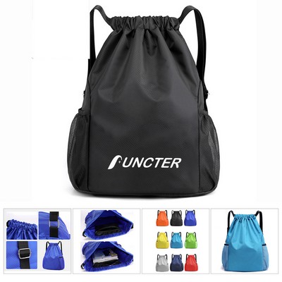 17 x 12 inch Light Weight Large Capacity Drawstring Sports Backpack W/Mesh Side Pockets