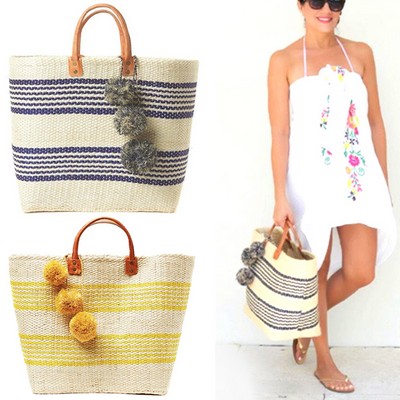 Natural Straw Bag Hand Woven Round Handle Handbags Retro