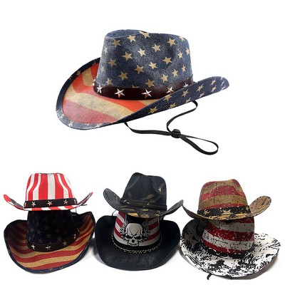 Vintage Patriotic Straw Western Cowboy Hat