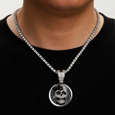 Silver Tennis Chain Silver Skull Pendant Necklace Diamond Studded Necklace