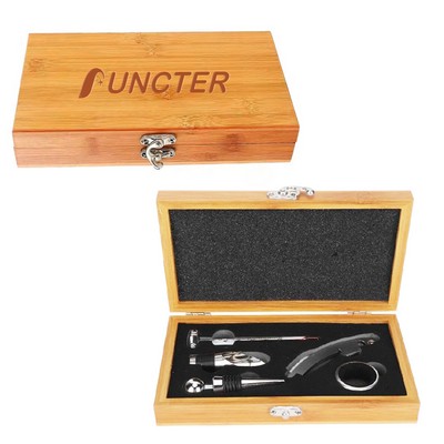 5 Pcs Stainless Steel Wine Opener Accessory Set w/ Bamboo Box