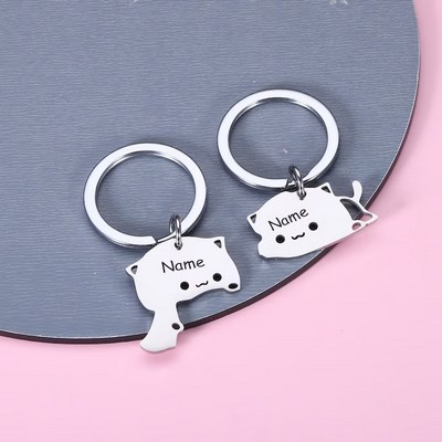 Adorable Cat-Themed Stainless Steel Keychains - Personalized Couple's Charm