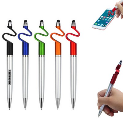 Silver Barrel Stylus Pen with Phone Stand and Ballpoint Functionality