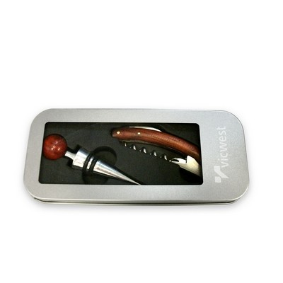 Wine Accessories 2 Piece Gift Set in Metal Box w/Corkscrew & Stopper