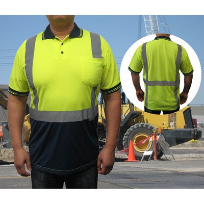 Collared Polo Shirt Safety Yellow/ Neon Green with Navy Bottom ANSI Class 2