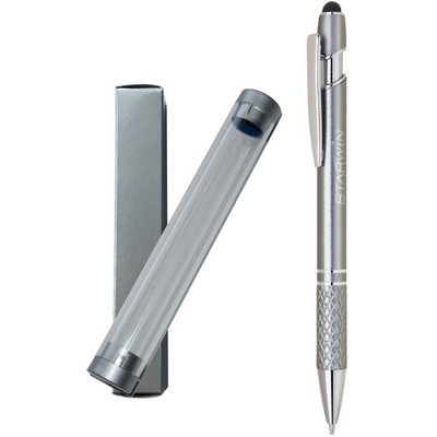 Stylus Pro Series, silver stylus pen with chrome trim, diamond cut grip, in clear tube gift box