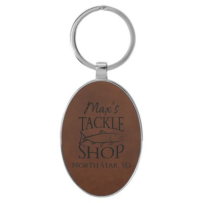 3" x 1.75" Leatherette/Metal Dark Brown Oval Keychain