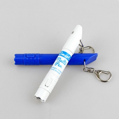 Plastic keychain ball pen with flashlight and survival whistle