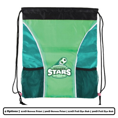 Sublimation Multi-Panel Polyester Drawstring Bag w/ Bottle Holder & Mesh Pocket