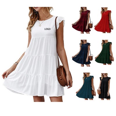 Women's Summer Casual Round Neck Sleeveless Pleated Fabric Dress