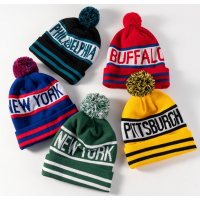 Pom beanie with Custom Knit logo/Jacquard Logo with Embroidery on Cuff