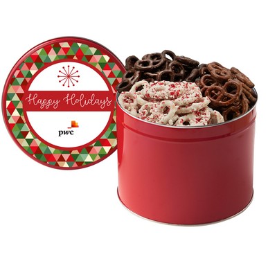 3 Way Chocolate Pretzel Tin - Half Gallon - Dark Chocolate, Milk Chocolate, White w/ Peppermint