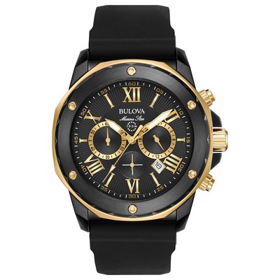 Bulova Watches Men's Marine Star Watch, Black Rubber Strap w/Gold-Tone Accents