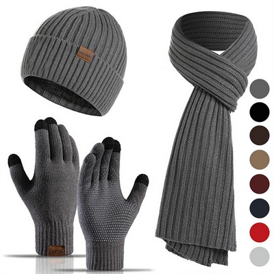 Winter Beanie Hat + Scarf + Touch Screen Gloves Set