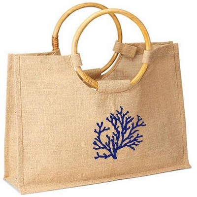 Jute Shopping Tote Bag with Round Cane Handles